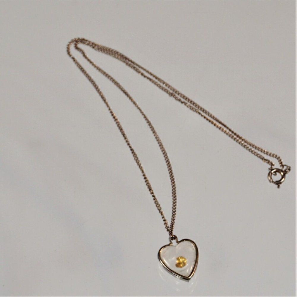 Vintage Delicate Lucite Heart With Gold Flake Pendant Necklace Silver Tone Chain